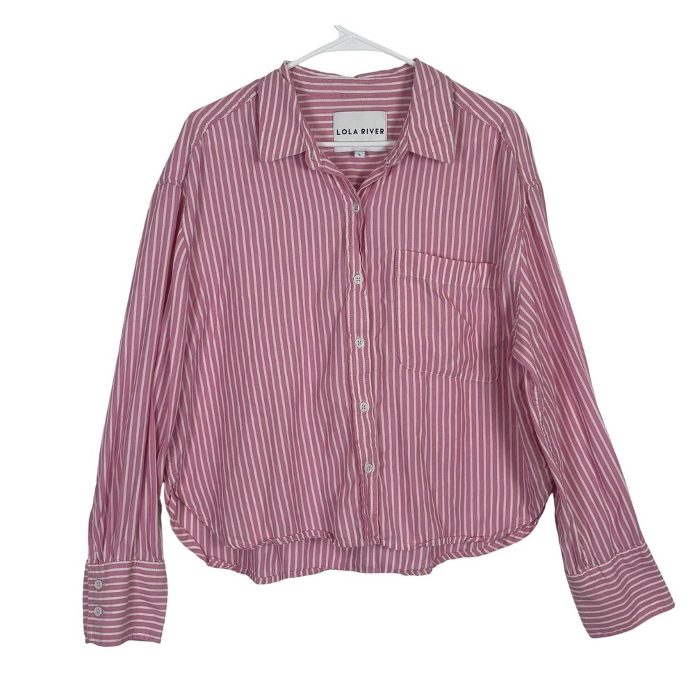 Lola River Pink Striped Button Down Shirt Cotton Tencel Cropped Women Large